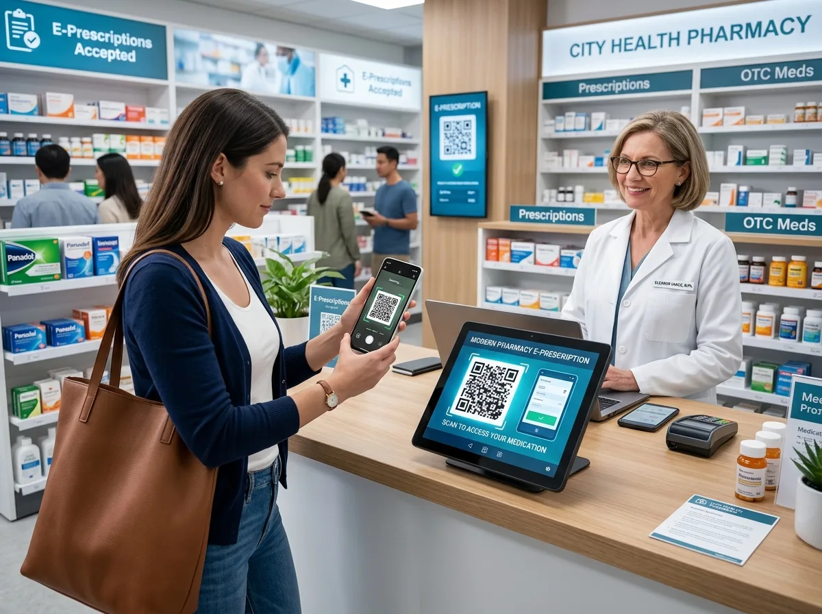 Пациент сканирует QR-код электронного рецепта на смартфоне в современной аптеке