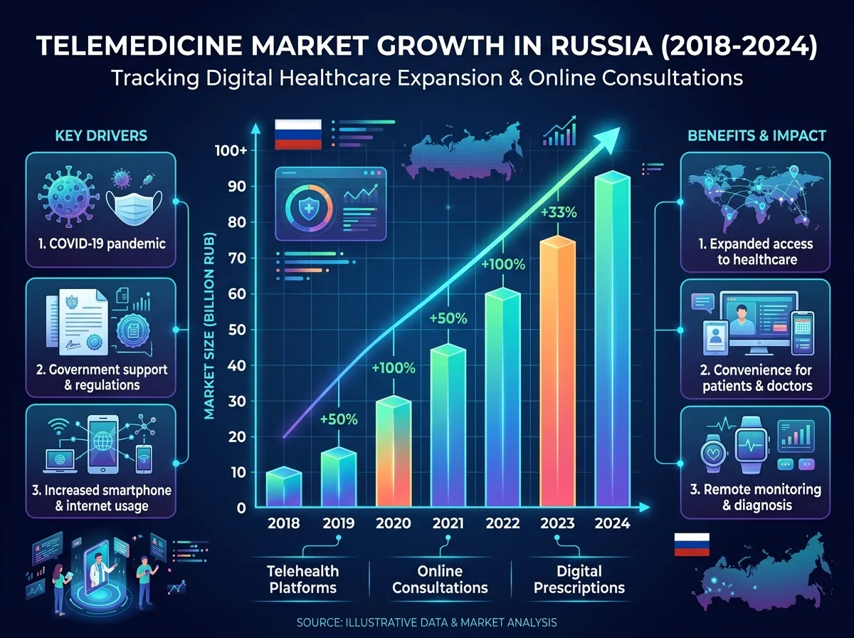 Инфографика: рост рынка телемедицины в России с 2018 по 2024 год, столбчатая диаграмма на тёмном фоне